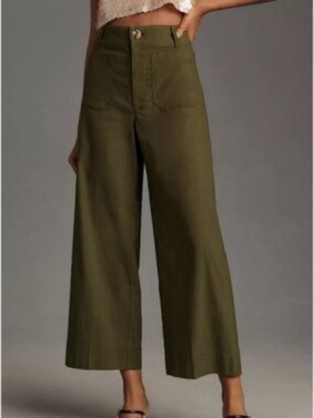 Anthropologie Maeve The Colette Cotton Linen Wide Leg Crop Pants 25 Olive Green